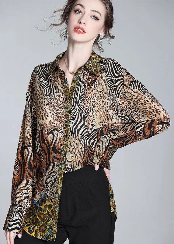 Modern Brown Peter Pan Collar Leopard Print Silk Top Spring