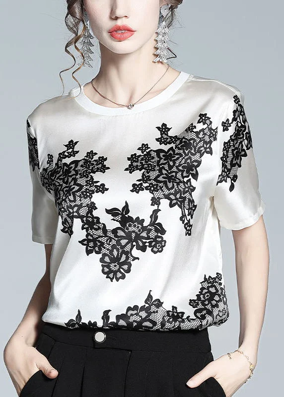 Elegant White O-Neck Print T Shirt Short Sleeve