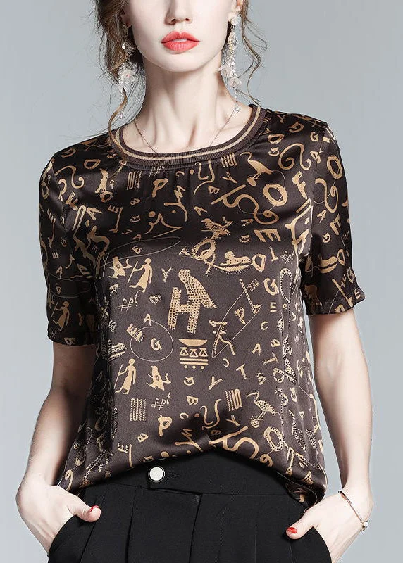 Fashion Coffee O-Neck Print Chiffon Tops Short Sleeve