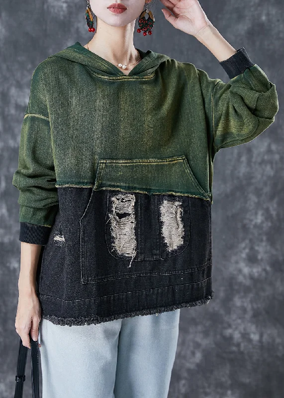 Art Colorblock Hooded Patchwork Cotton Ripped Sweatshirt Fall