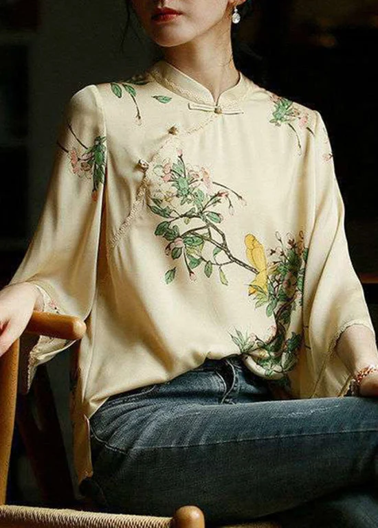 Vintage Beige Mandarin Collar Side Open Print Silk Top