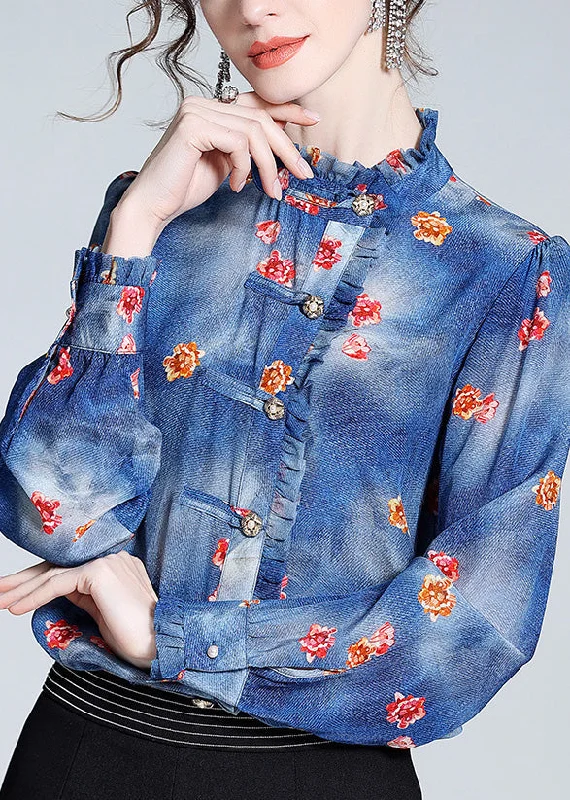 Italian Blue Ruffled Print Button Silk Shirt Long Sleeve