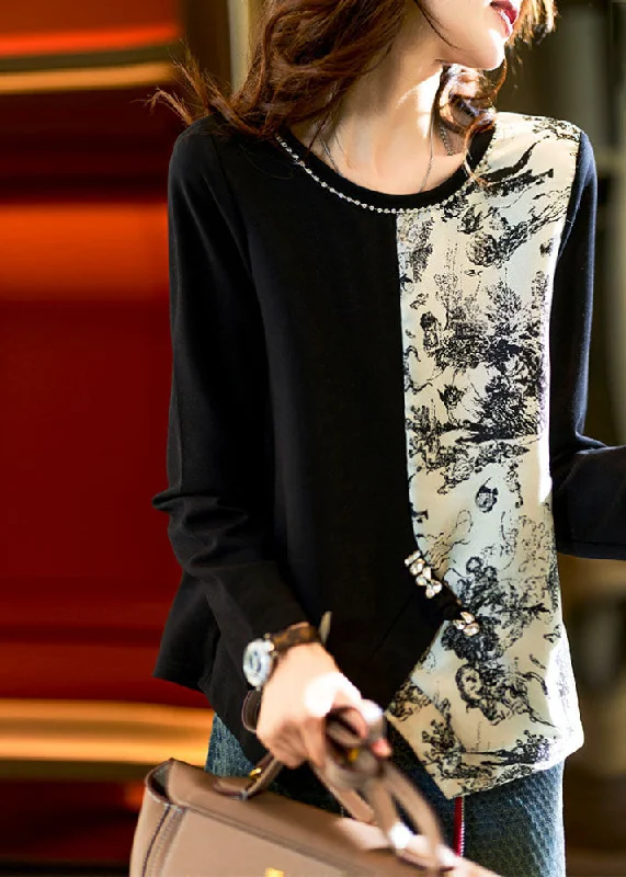 Bohemian Black O-Neck Asymmetrical Print Patchwork Tops Fall