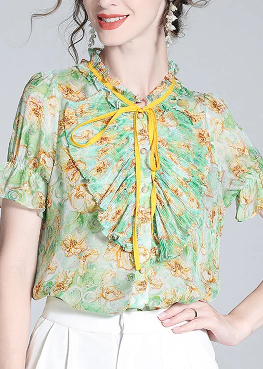 Boutique Green Stand Collar Print Ruffled Neck Tie Silk Top Summer