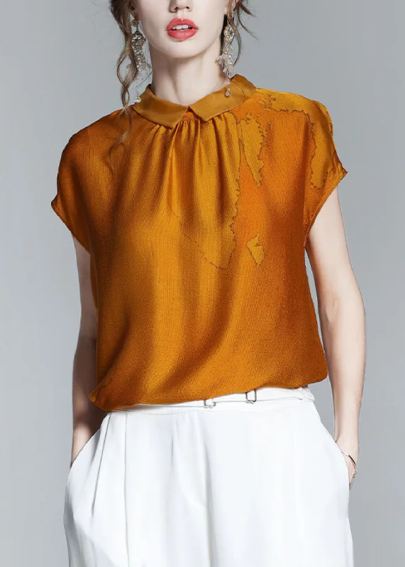 Classy Caramel Peter Pan Collar Print Silk T Shirt Short Sleeve