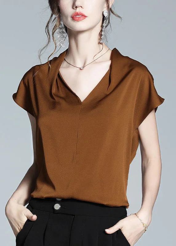 Boutique Coffee V Neck Solid Silk Shirt Short Sleeve