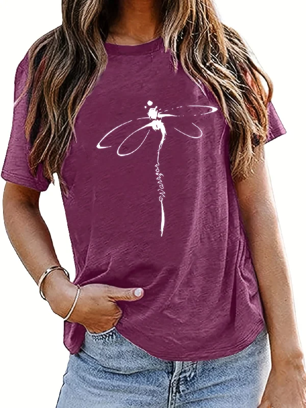 Sixsr Dragonfly Print Crew Neck T-Shirt, Casual Short Sleeve T-Shirt For Spring & Summer, Women's Clothing