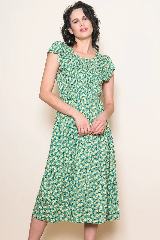 Green Floral Smocked Midi Dress