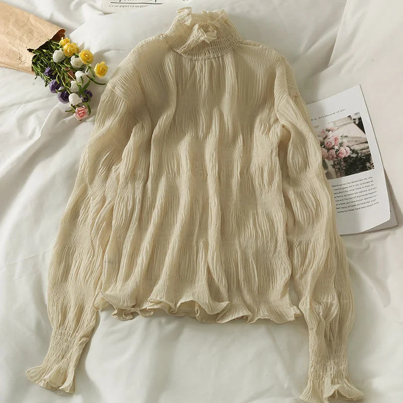 Versatile Pleated Chiffon shirt perspective bottoming shirt  1703