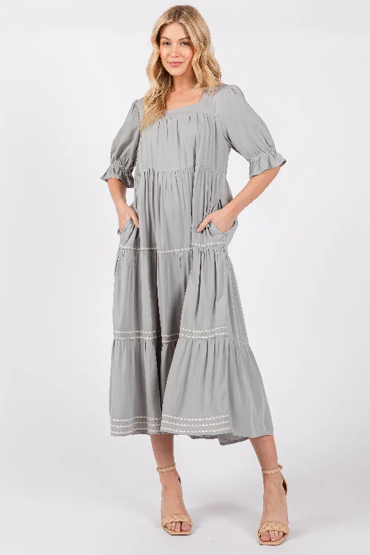 Grey Embroidered Tiered Midi Dress