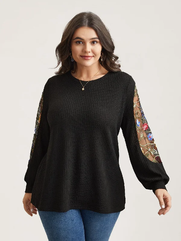 Sheer Floral Sleeve Stretchy Knit Top