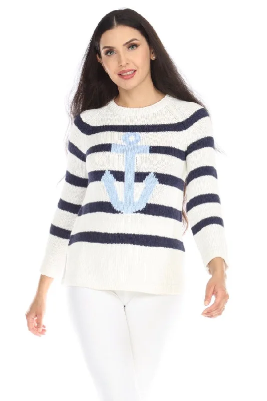 Caroline Grace by Alashan White Anchors Aweigh Stripe Cotton Cashmere Pullover Sweater LC2093