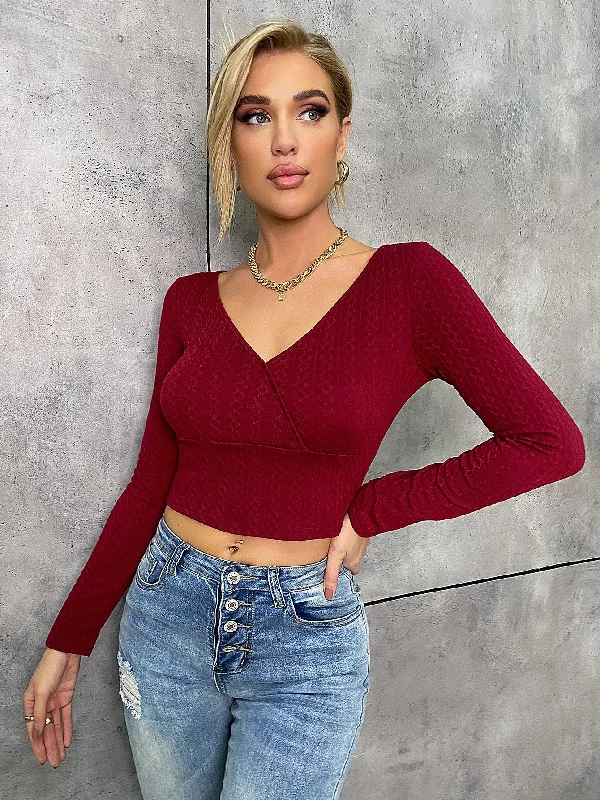 Elegant Plain Long Sleeve V Neck Crop Women T-Shirt