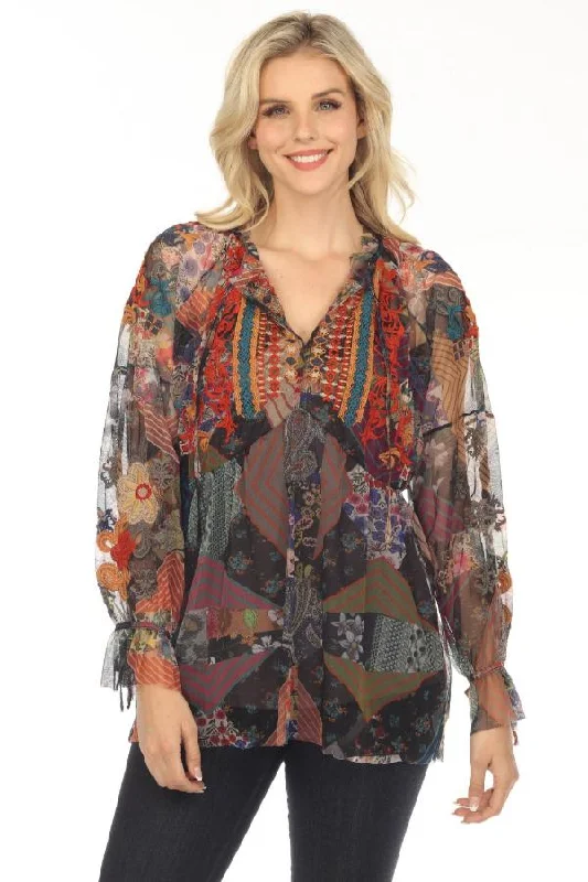 Johnny Was Biya Ilyana Mesh Embroidered Blouse Boho Chic B11323