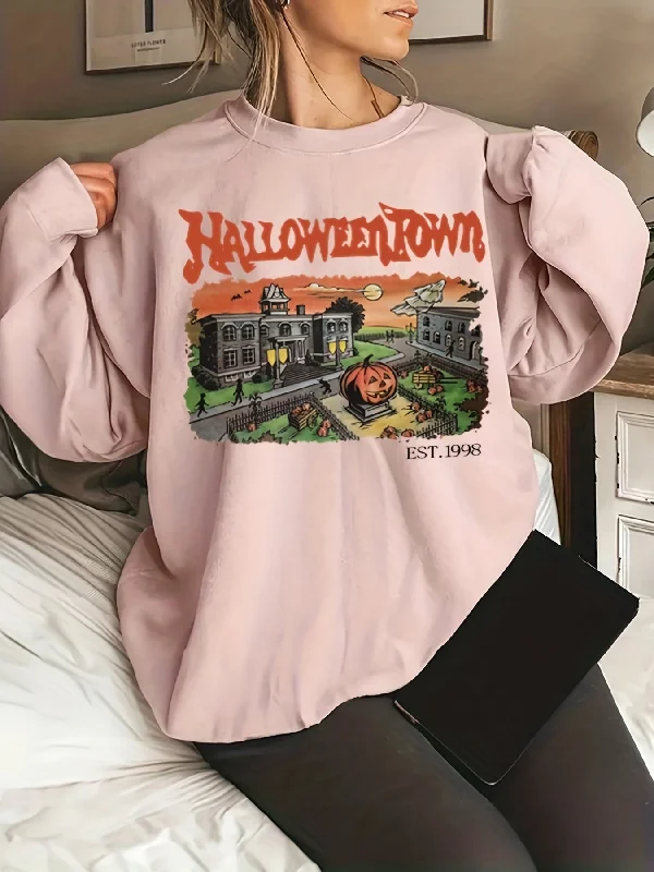 Sixsr Plus Size Halloween Casual Sweatshirt, Women's Plus Graphic & Art Letter Print Long Sleeve Round Neck Sweatshirt