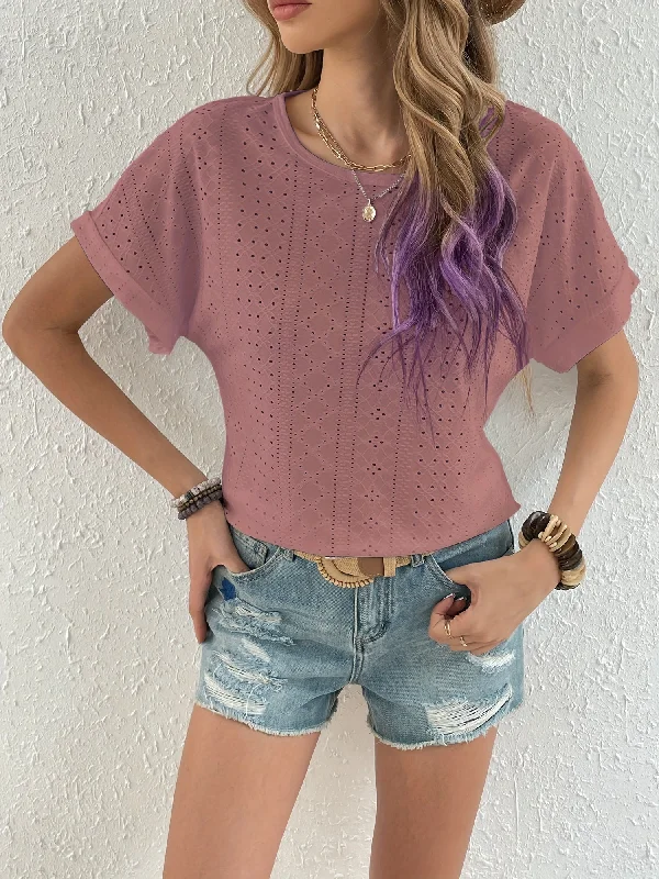 Sixsr Eyelet Embroidered T-Shirt, Short Sleeve Casual Top For Summer & Spring, Women's Clothing