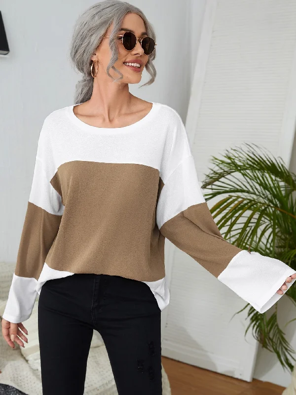 Casual Colorblock Long Sleeve Round Neck Regular Women T-Shirt