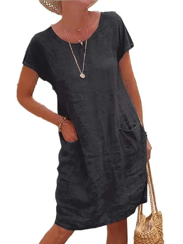 Sixsr Round Neck Pocket Dress, Casual Loose Solid Short Sleeve Spring Summer Knee-Length Dresses, Women's Clothing