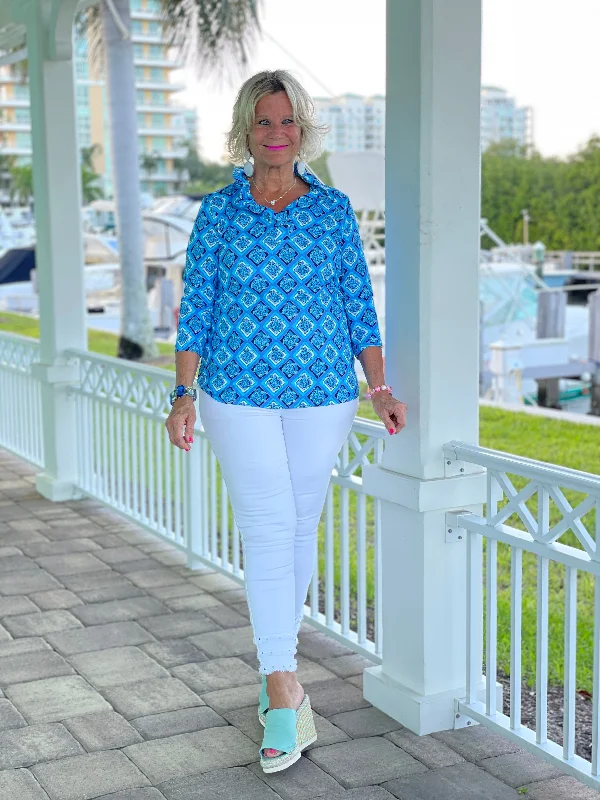 BAHAMA BLUE RUFFLE TOP