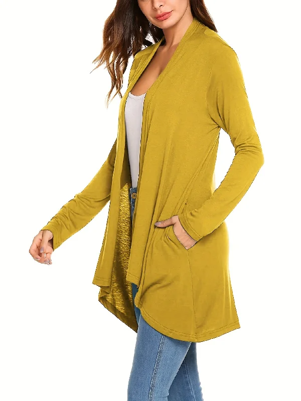 Sixsr Solid Open Front Drape Cardigan, Casual Long Sleeve Pocket Cardigan For Spring & Fall, Women's Clothing