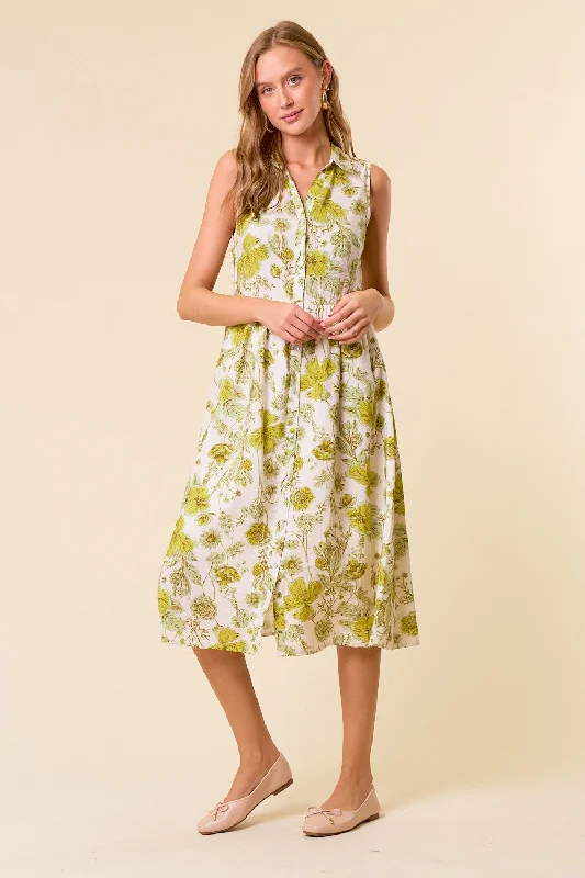 Green Floral Printed Sleeveless Midi Shirt Dress