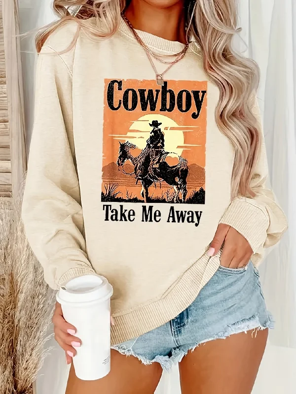 Sixsr Plus Size Western Style Sweatshirt, Women's Plus Cowboy & Slogan Print Long Sleeve Crew Neck Slight Stretch Pullover Sweatshirt, Casual Tops For Fall & Winter, Plus Size Women's Clothing