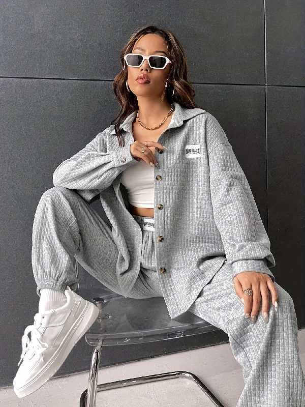 Sixsr Solid Casual Two-piece Set, Button Front Long Sleeve Shirt & Elastic Waist Jogger Pants Outfits, Women's Clothing