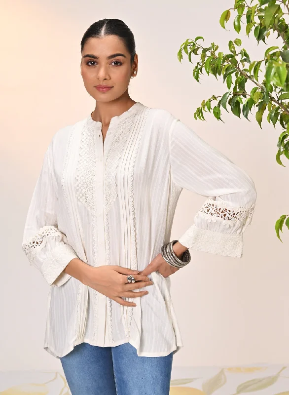 Kahkashan Ivory Embroidered Shirt for Women