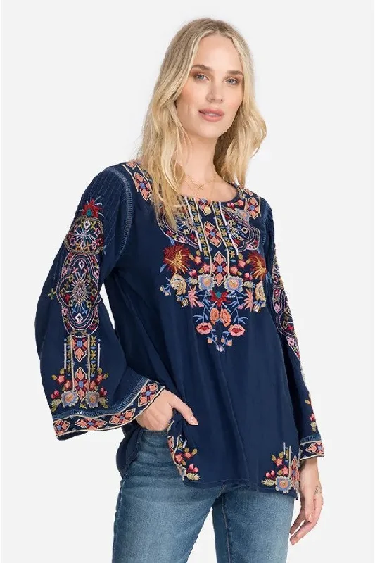 Johnny Was Blue Night Sypress Embroidered Long Sleeve Top Boho Chic C18820-D NEW