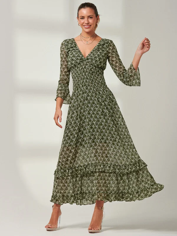 Qaiya Shirred Chiffon Maxi Dress, Green Floral