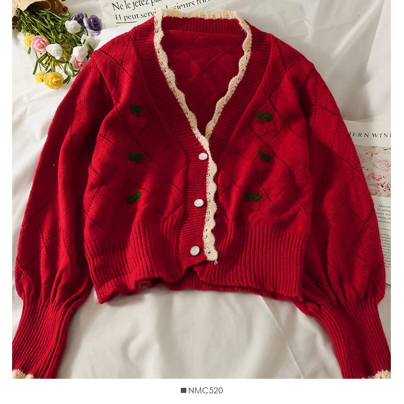 Cherry embroidered diamond check wavy edge sweater  1748