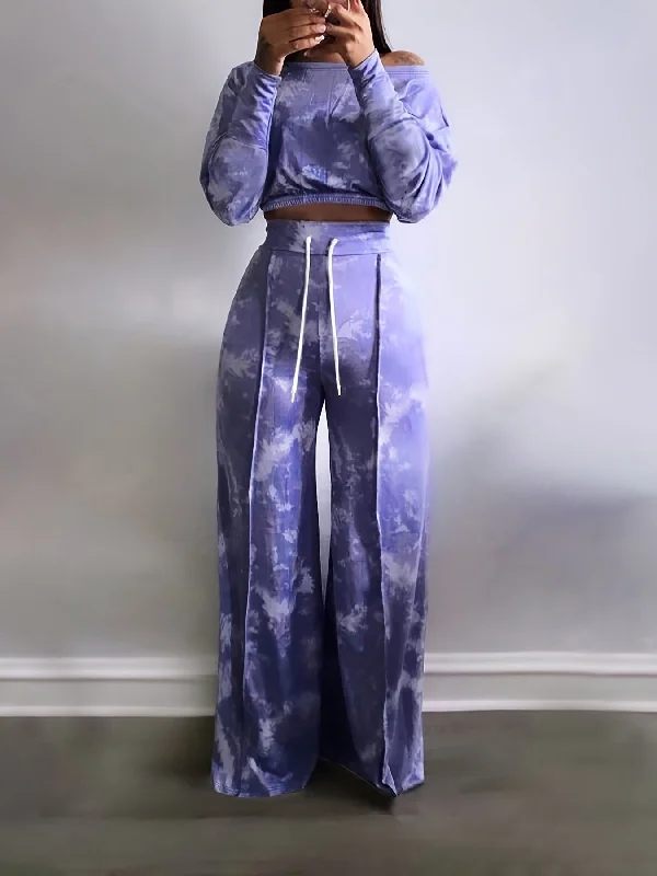 Sixsr Tie Dye Two-piece Set, Asymmetrical Neck Long Sleeve Crop Top & Drawstring Wide Leg Pants Outfits, Women's Clothing