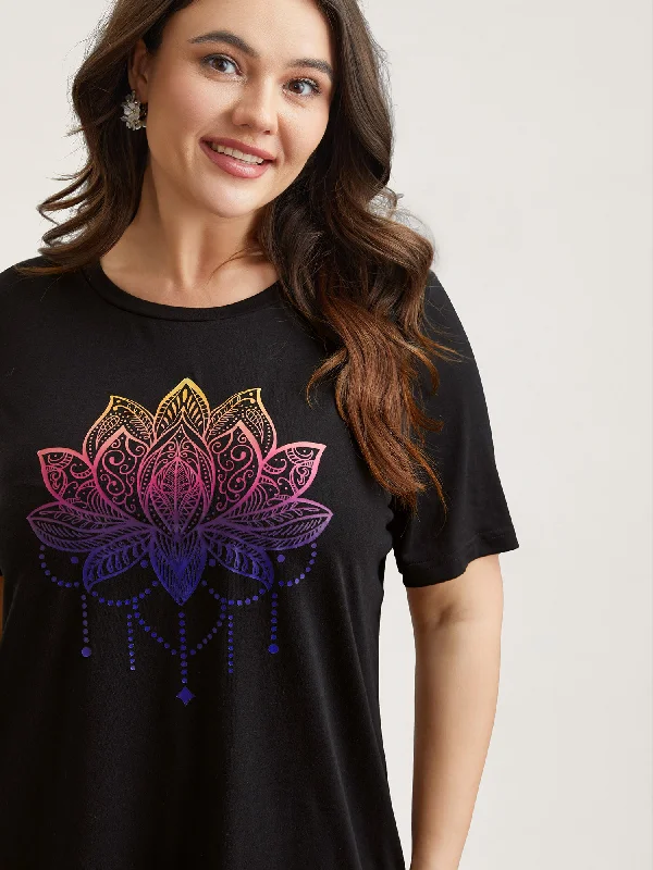 Floral Motif Crew Neck Fitted T-Shirt