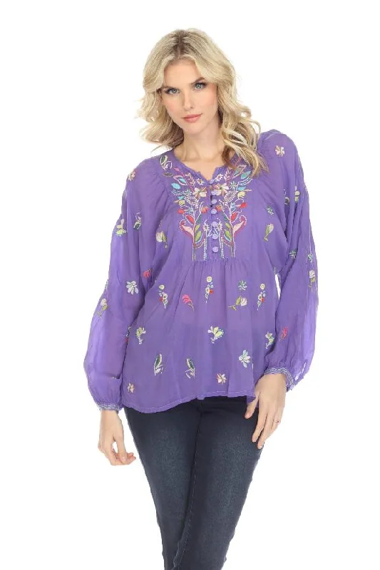 Johnny Was Purple Tinsley Embroidered Long Sleeve Blouse Boho Chic C17622