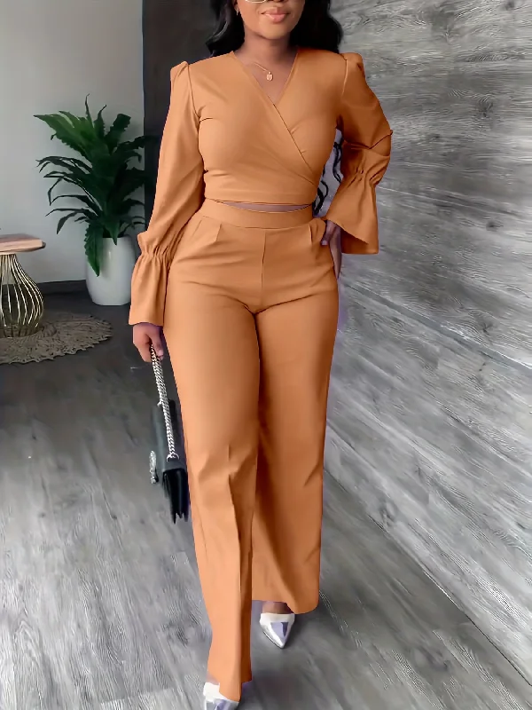 Sixsr Solid Casual Two-piece Set, Surplice Neck Long Sleeve Tops & High Waist Wide Leg Pants Outfits, Women's Clothing