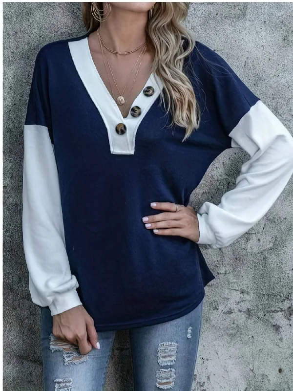 Sixsr Plus Size Casual Sweatshirt, Women's Plus Colorblock Button Decor Drop Shoulder Long Sleeve V Neck Slight Stretch Pullover Sweatshirt, Casual Tops For Fall & Winter, Plus Size Women's Clothing