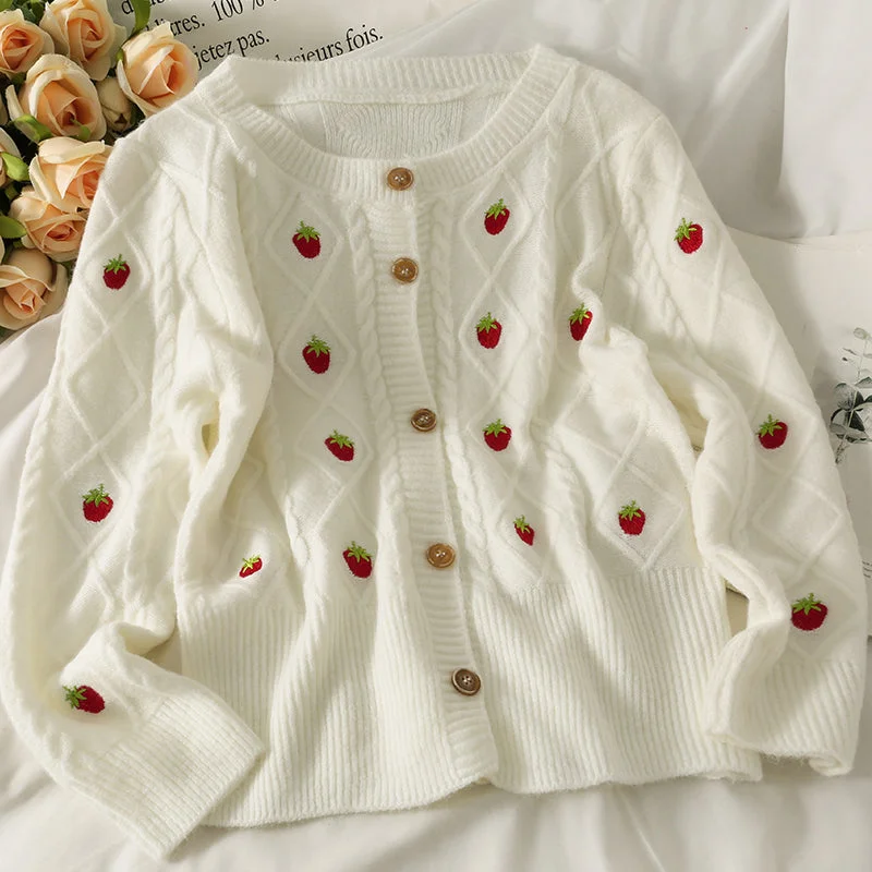 Sweet wind strawberry embroidered cardigan sweater female  1719