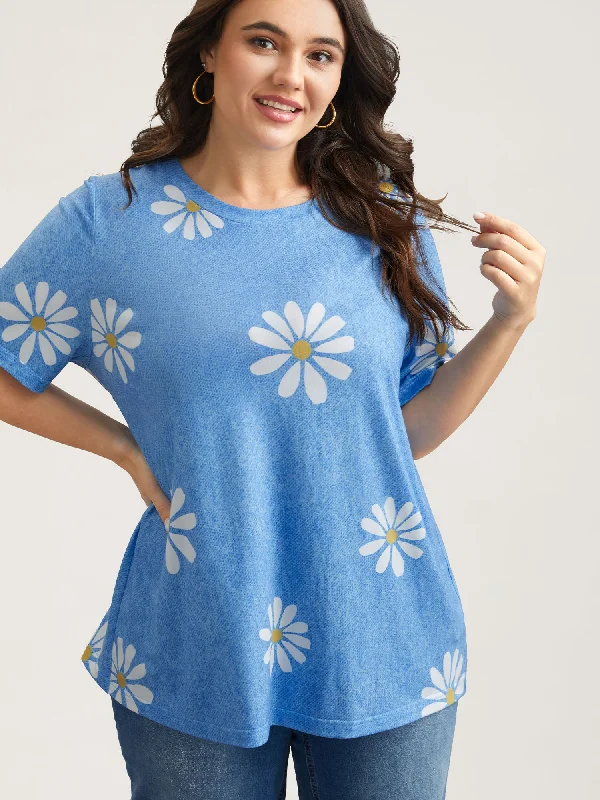 Stretchy Floral Print Round Neck T-shirt