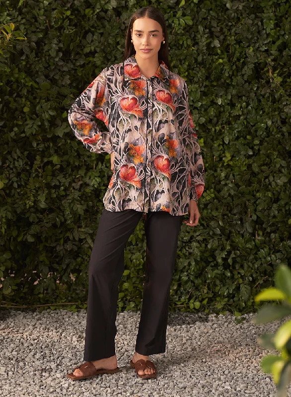 Raya Black Printed Muslin Straight Shirt for Women