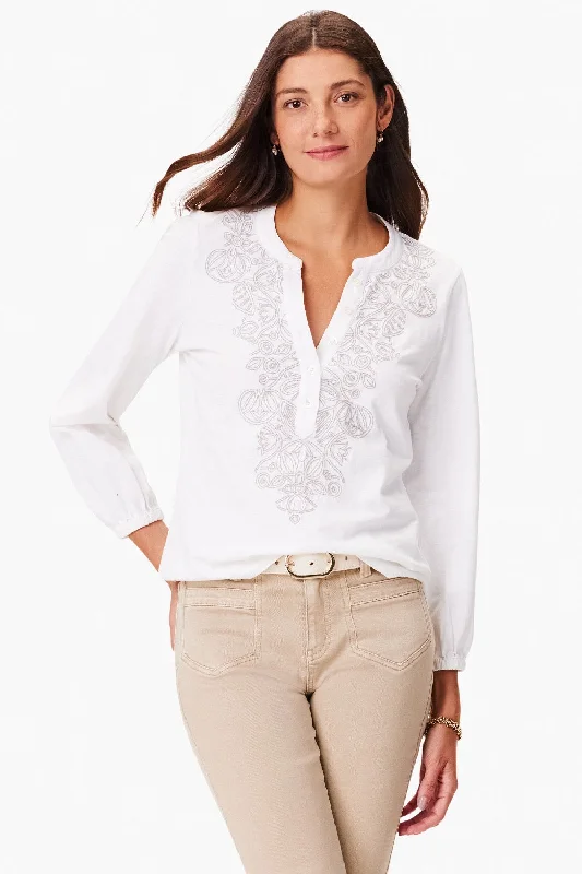 NIC+ZOE White/Multi Climbing Vines Embroidered Henley Top S241015