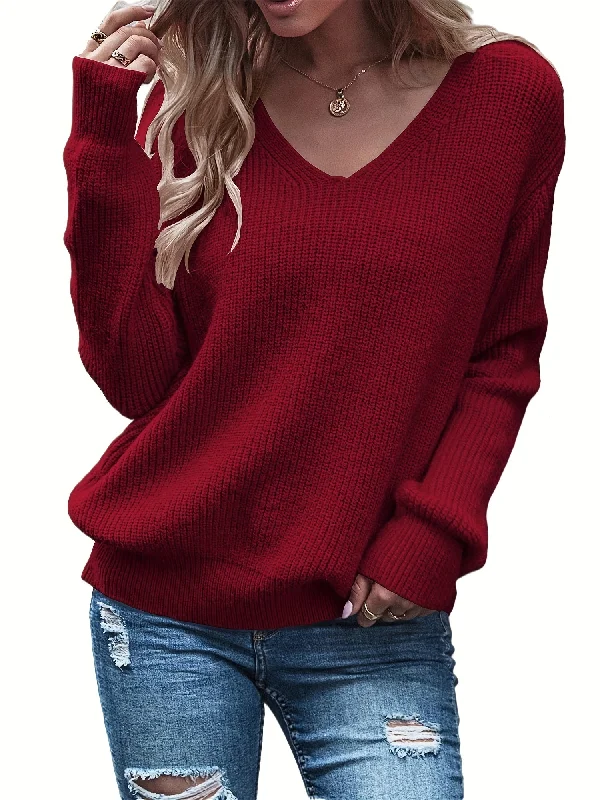 Sixsr Solid Versatile Knit Sweater, Casual V Neck Long Sleeve Sweater, Women's Clothing