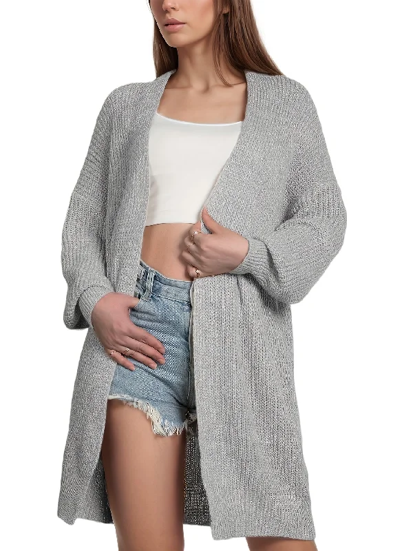 Sixsr Drop Shoulder Mid Length Knit Cardigan, Casual Open Front Long Sleeve Sweater, Women's Clothing