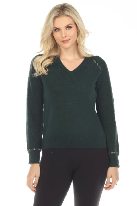 Johnny Was Green Dawn Metallic Whipstitch V-Neck Cashmere Sweater Boho Chic M60822