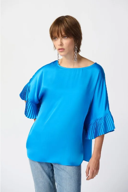 Joseph Ribkoff French Blue Pleated Sleeve Boat Neck Satin Top 241182