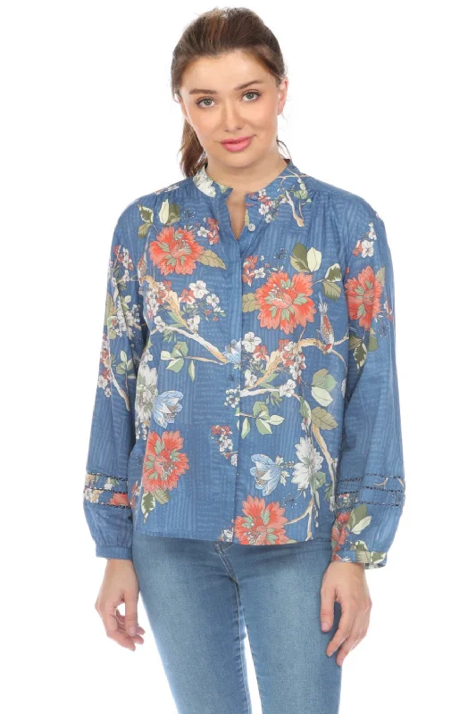 Johnny Was Mosaic Mandarin Collar Floral Blouse Boho Chic R19924