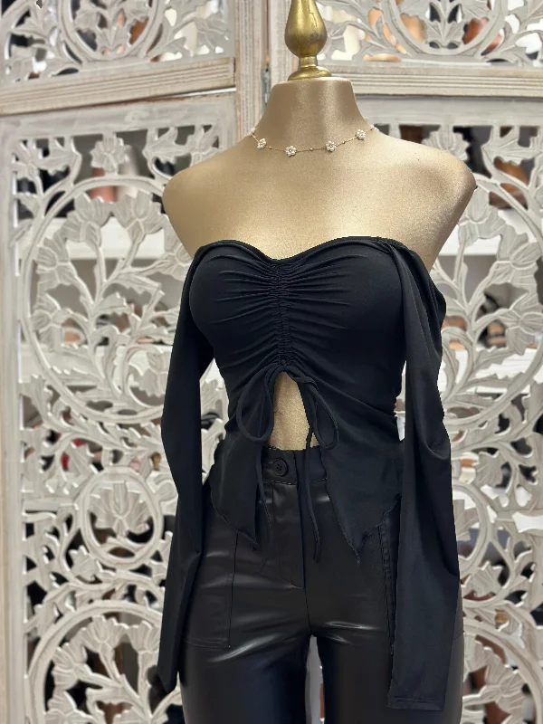 Black Ribbon Split Blouse