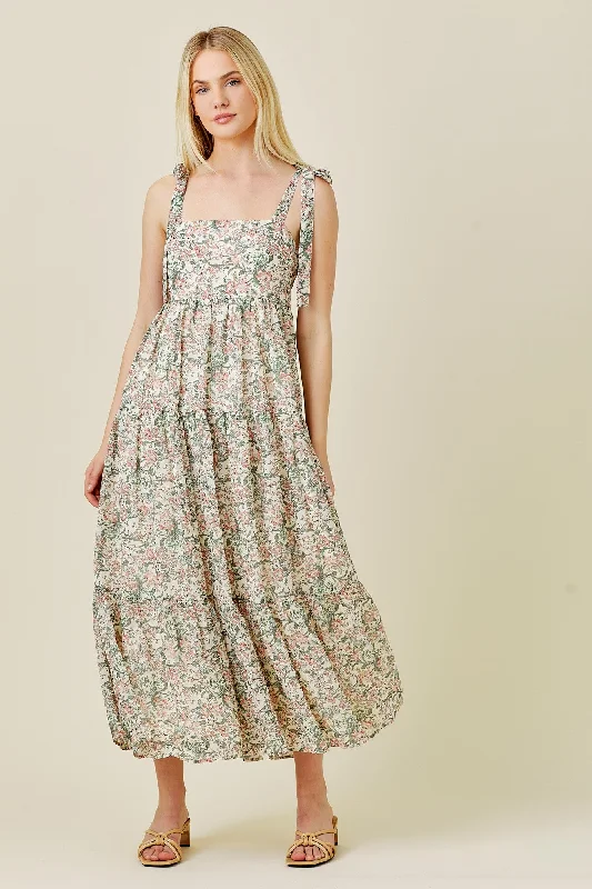 Cream Floral Shoulder Tie Tiered Maxi Dress