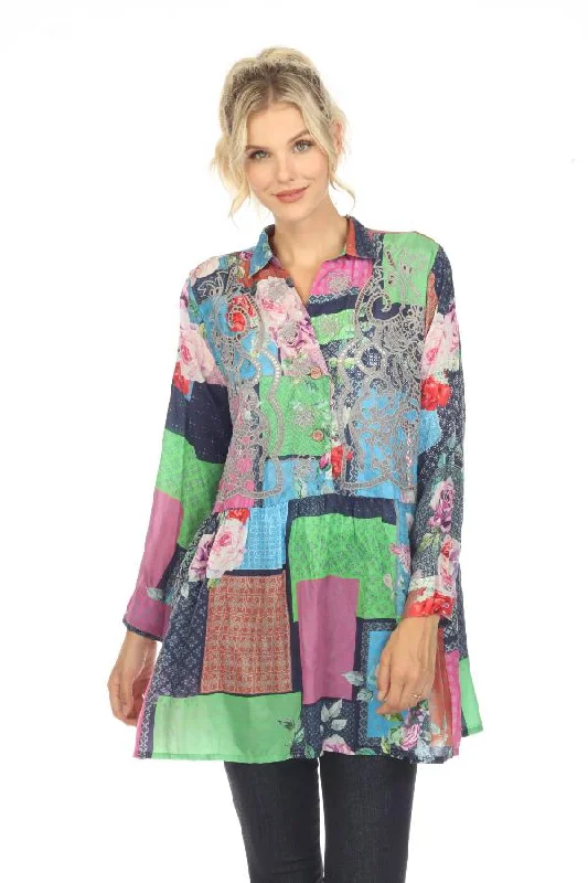 Johnny Was Rose Monroe Silk Floral Patchwork Tunic Top Boho Chic C25523A3