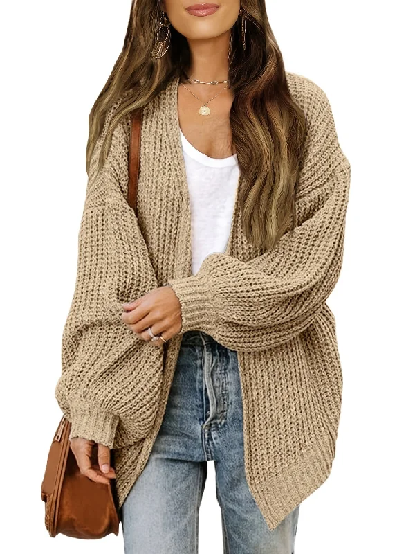 Sixsr Oversized Lantern Sleeve Sweater Cardigans Solid Loose Pocket Long Sleeve Fall Winter Casual Knit Cardigan Women's Clothing