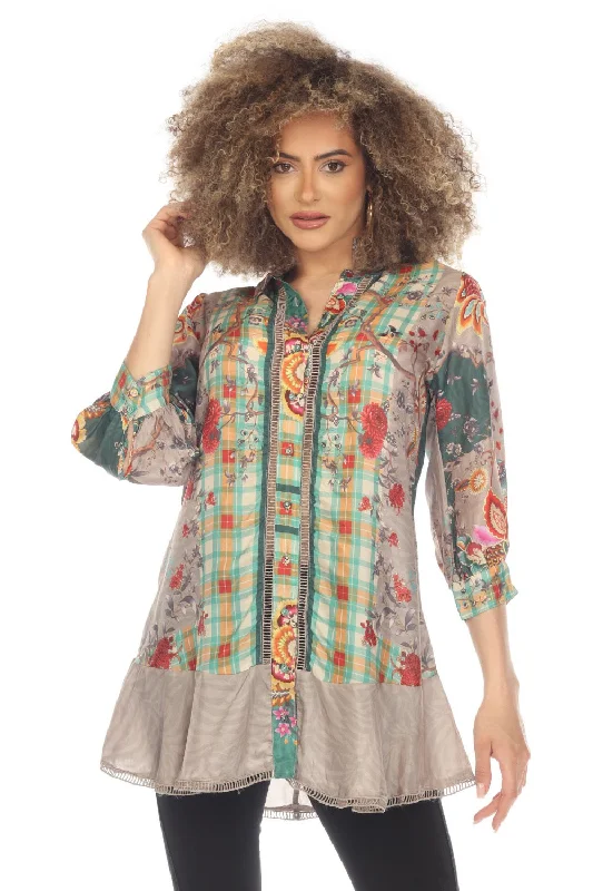 Johnny Was Orizaba Sednea Silk Printed Button Front Tunic Top Boho Chic C27623